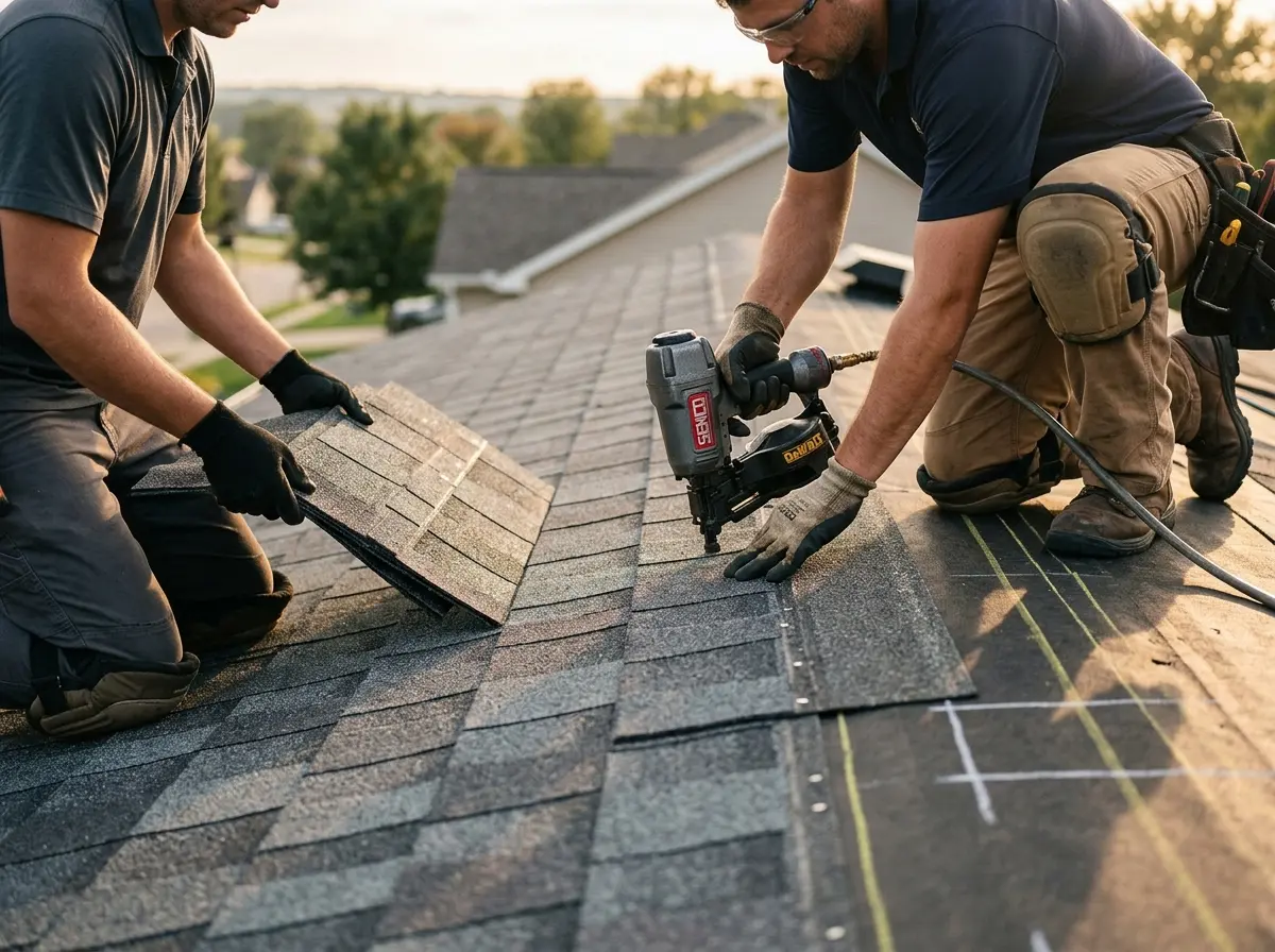 Professional roofer working on a residential roof in Oldsmar
